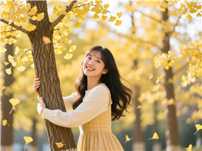 黄色银杏树下治愈系美女摄影图片